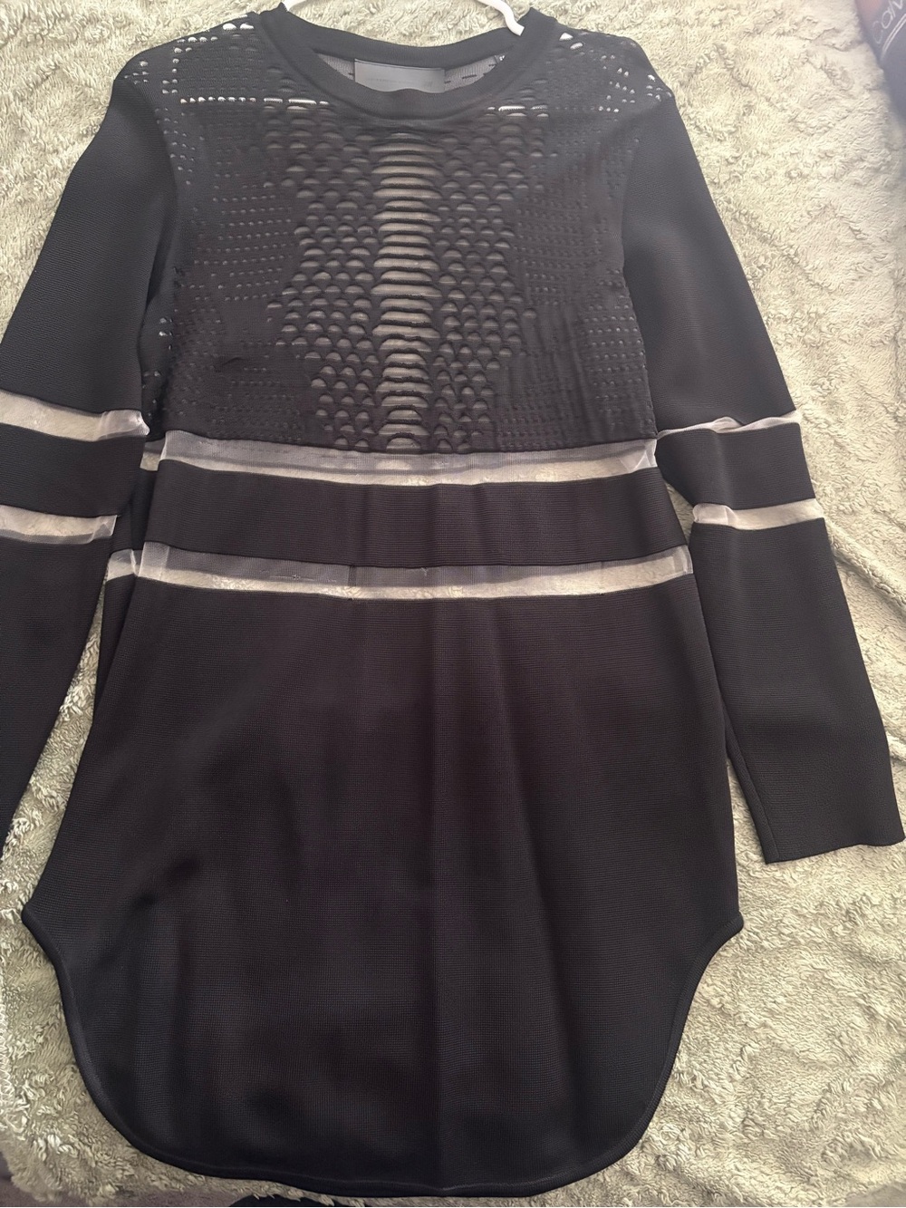 Black Long Sleeve Mesh-Panel Dress with Silver Accent